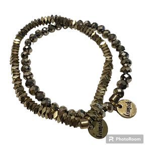 Lot of 2 Erimish Gold Tone Faceted Beads Logo Charm Elastic Bracelet